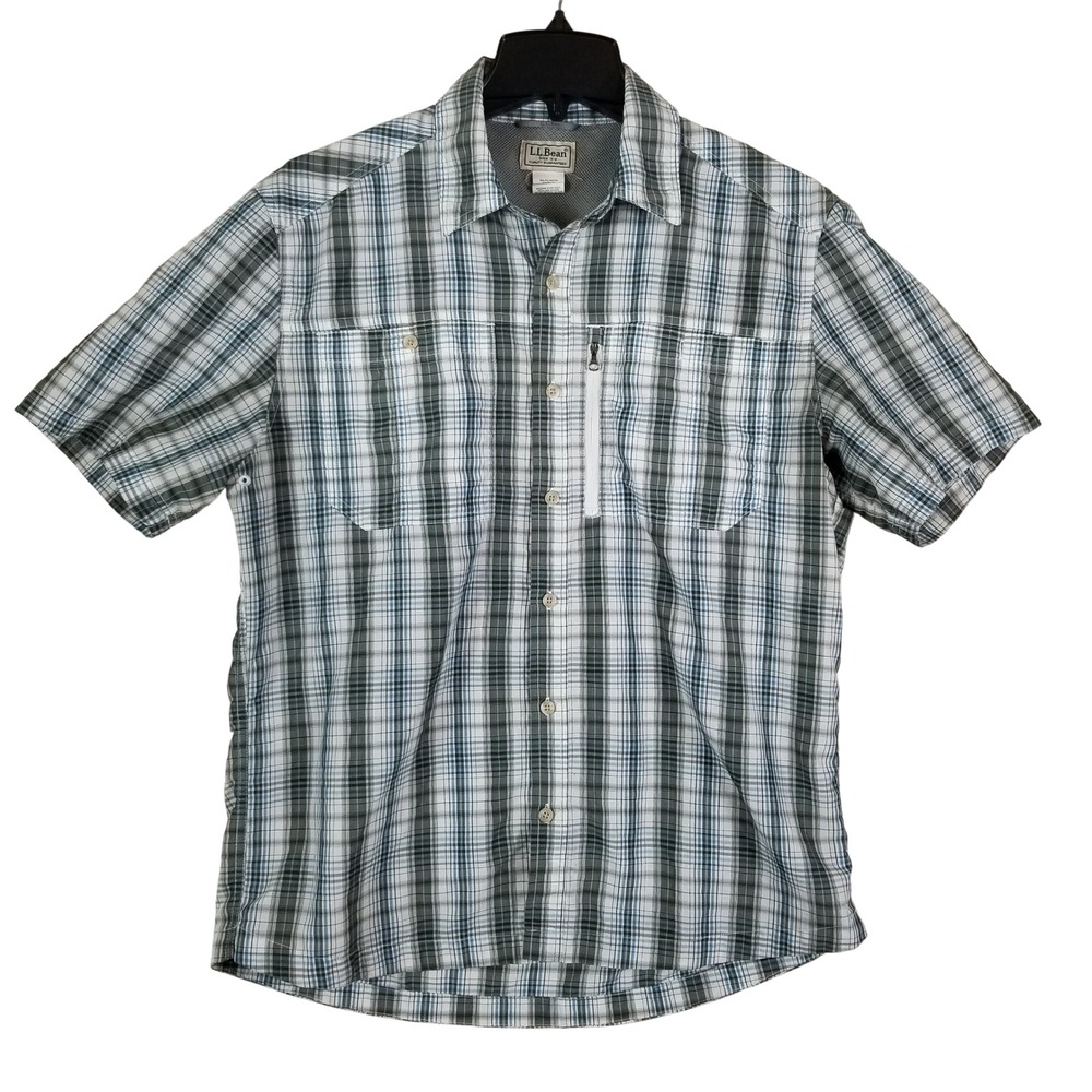 LL Bean Button Up Mens M Blue‎ Grey Plaid Short Sleeve Hiking Shirt 296979
